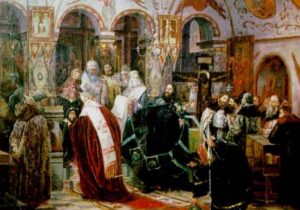 البطريرك مكاريوس بن الزعيم في بلاط الملك الروسي الكسيوس ميخائيل والبطريرك الروسي نيكون ورجال البلاط الروسي واعضاء المجمع الروسي المقدس سنة 1655