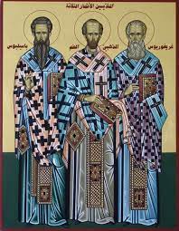 الاقمار الثلاثة معلمو المسكونة باسيليوس الكبير يوحنا الذهبي الفم وغريغوريوس اللاهوتي